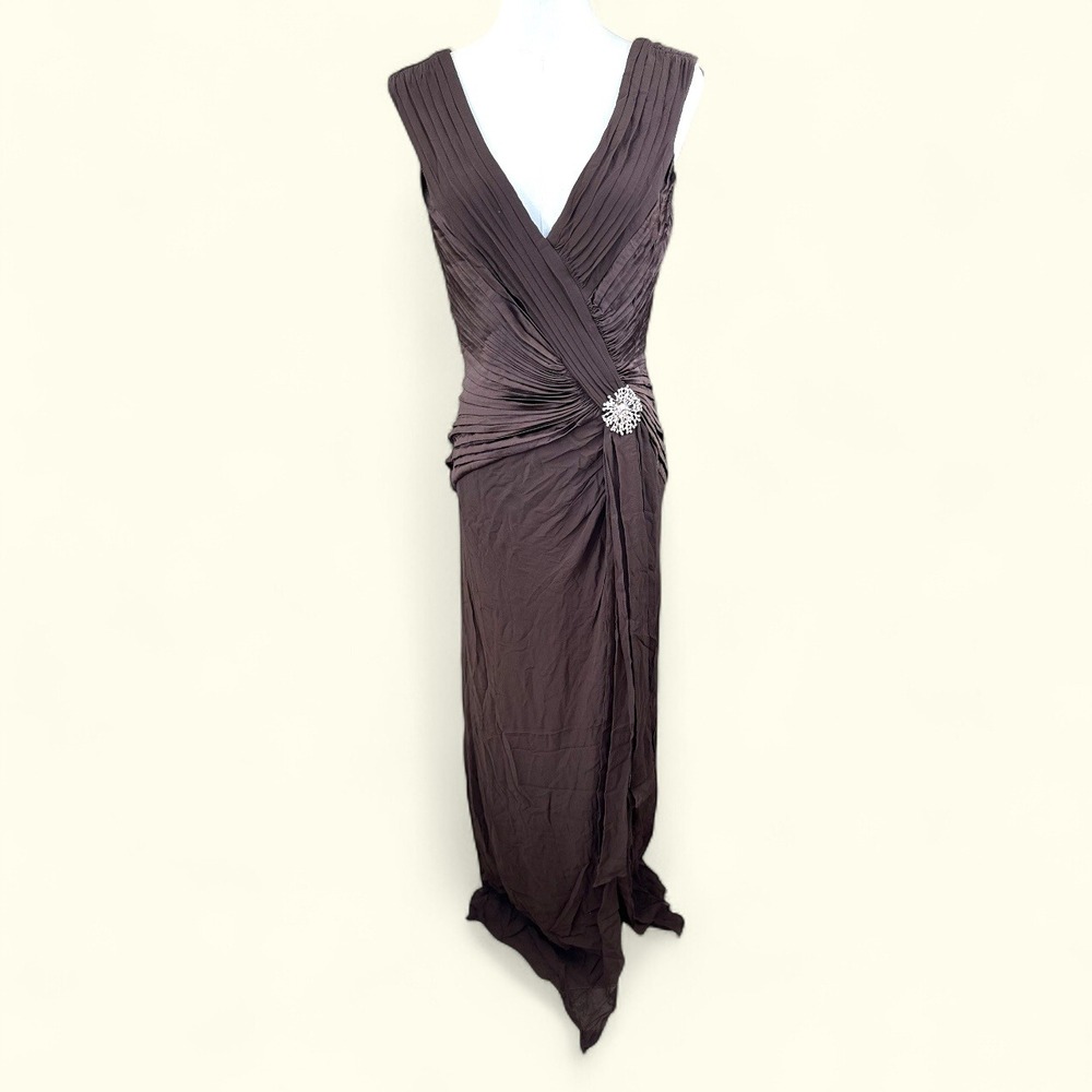 Tadashi Collection Brown Evening Gown Maxi Dress Pleated Rhinestone Formal